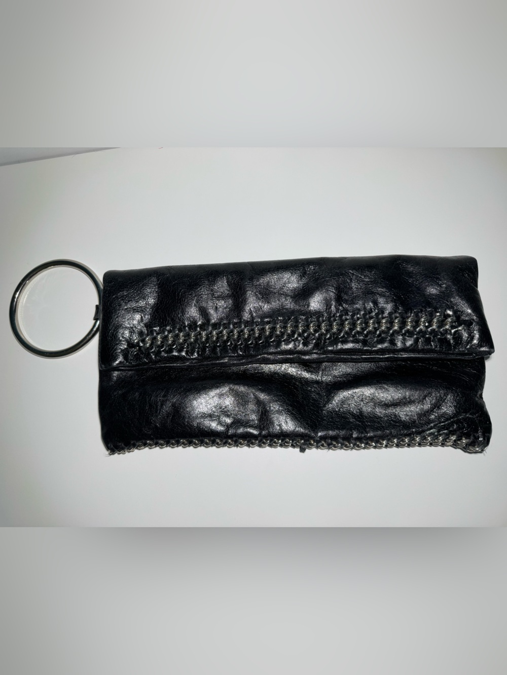 Bebe Black Chain-Trim Foldover Wristlet Clutch
